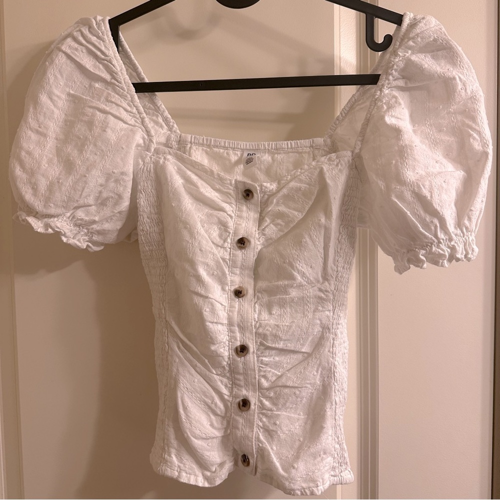 White Puff Sleeve Button-Front Top